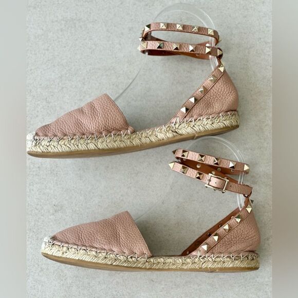 Valentino Garavani Rockstud Pink Leather Espadrille Ankle Wrap Flats Size 37 - Picture 6 of 13